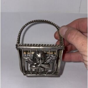 Department 56 Silver Plated Miniature Wire Basket‎ With Angel Cherub 3.5 Inch